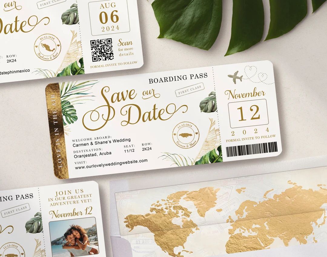Destination Wedding Boarding Pass Save the Date Invitation Travel Ticket Tropical Green Leaves an... | Etsy (US)
