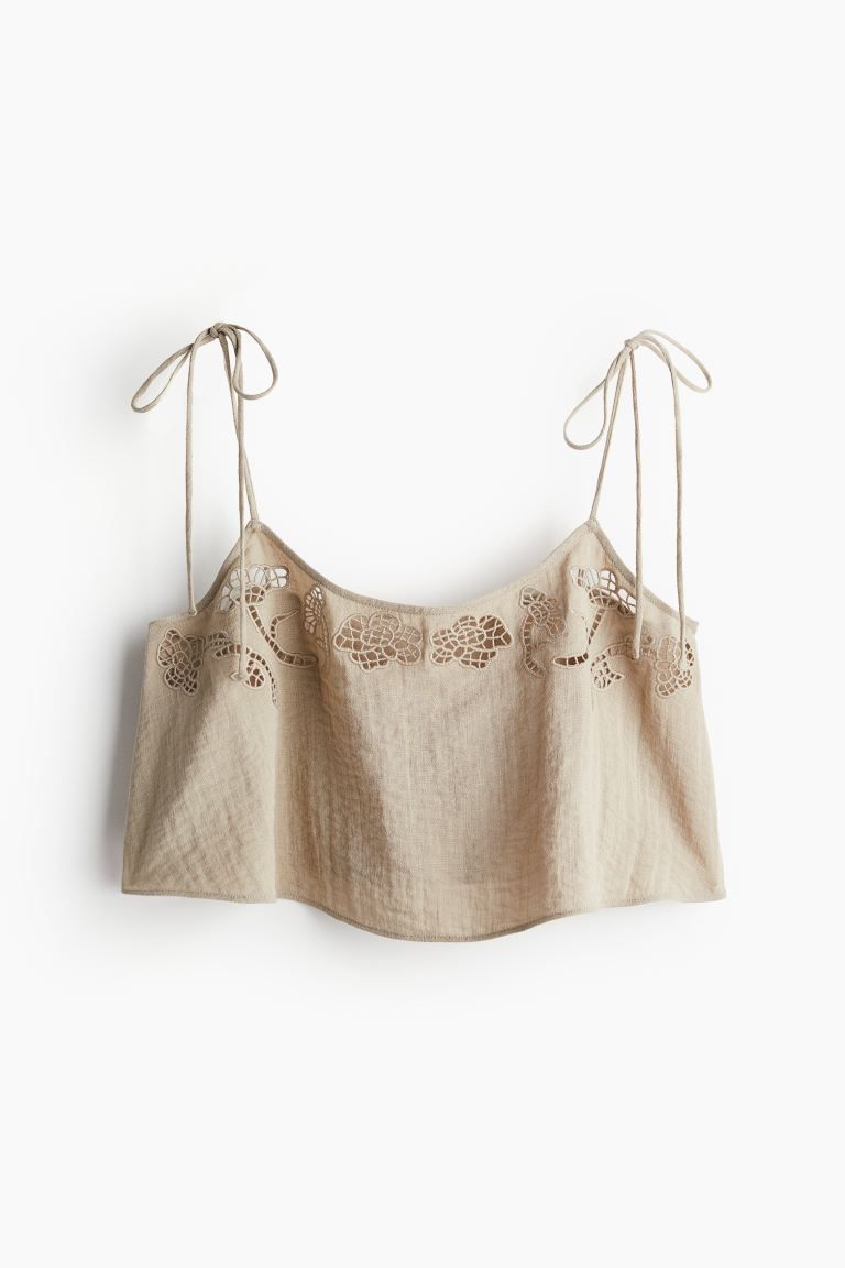 Broderie anglaise beach top - Round neck - Sleeveless - Beige - Ladies | H&M GB | H&M (UK, MY, IN, SG, PH, TW, HK)