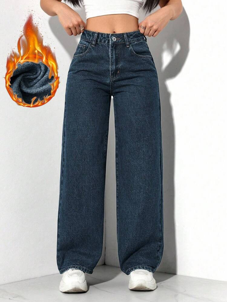 SHEIN PETITE Women's High Waist Pocketed Wide Leg Loose Casual Thermal Lined Jeans | SHEIN