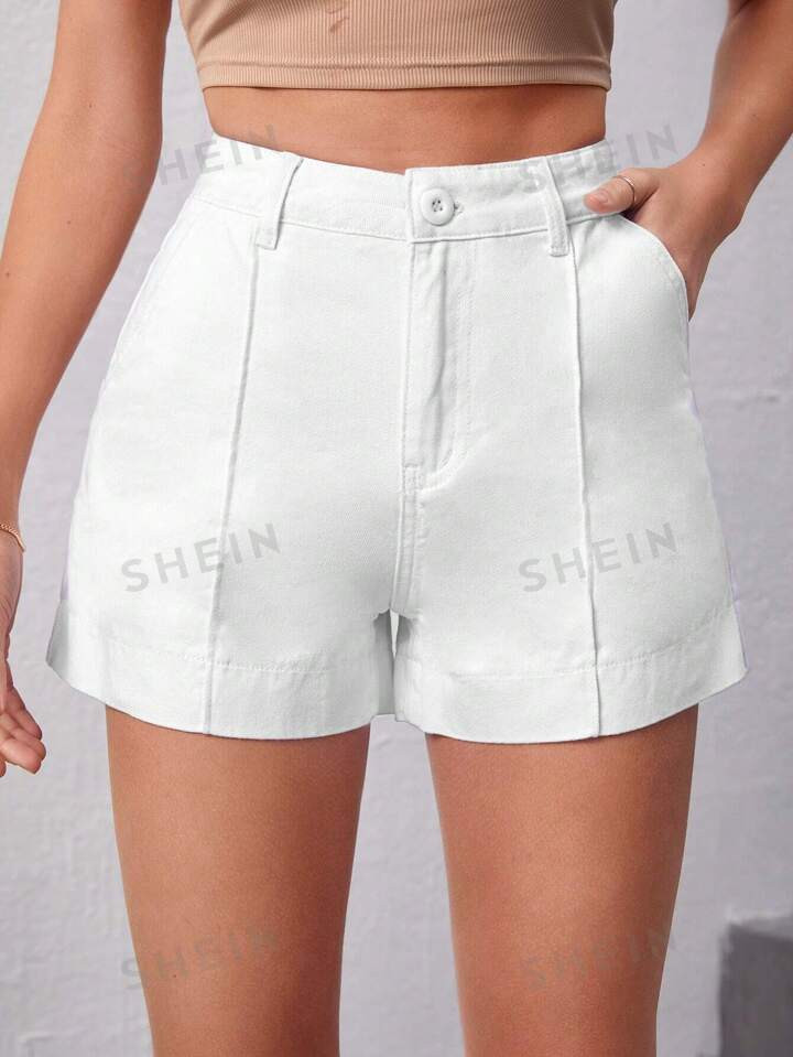SHEIN Essnce Solid Slant Pocket Denim Shorts | SHEIN