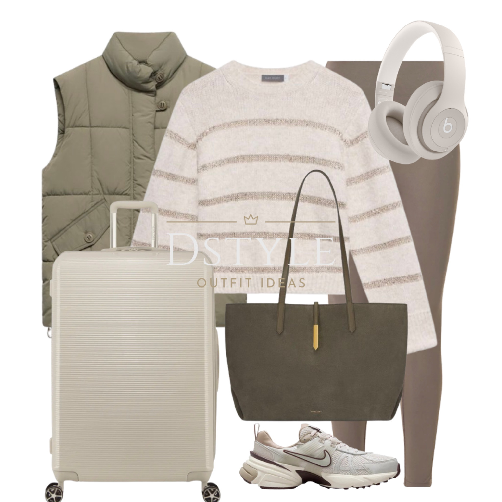 Neutral Sequin Stripe sweater/ jumper, khaki green padded gilet/vest, brown leggings, olive suede bag, Nike sneakers/trainers

#LTKTravel #LTKShoeCrush #LTKStyleTip