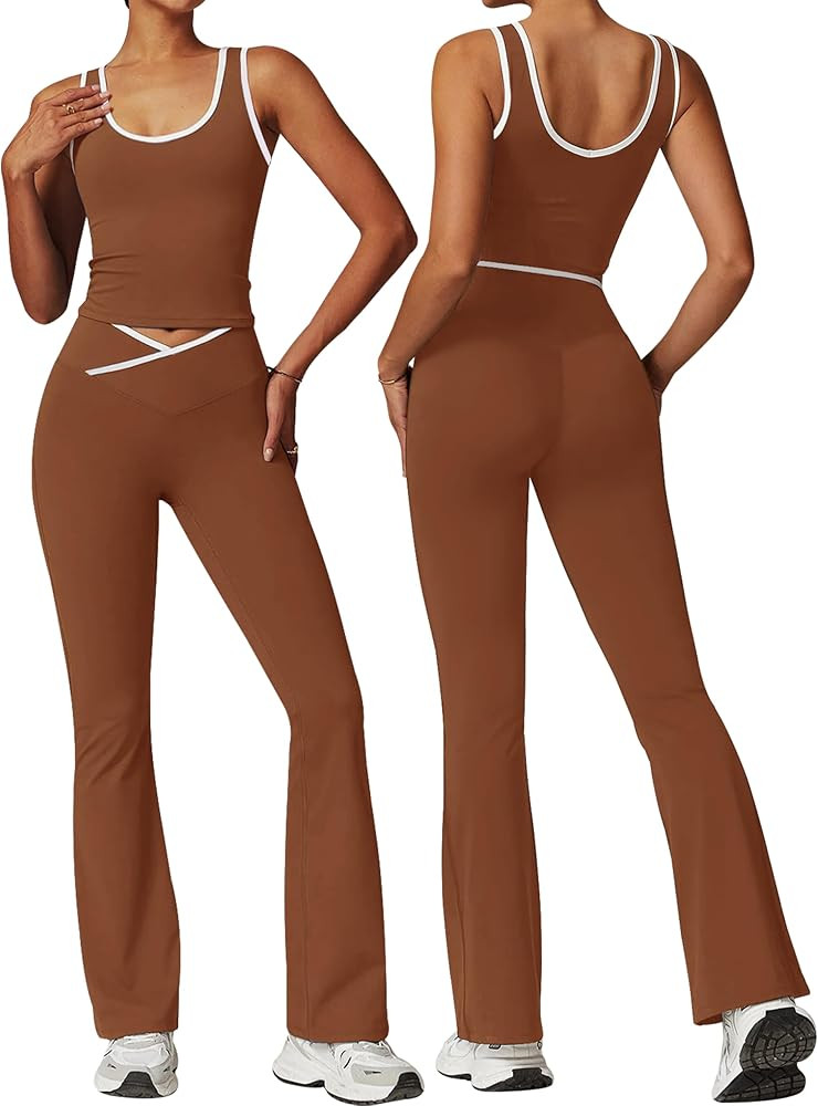 OLCHEE Womens Workout Sets 2 Piece Gym Yoga Outfits Crossover Flare Leggings Crop Tank Top with C... | Amazon (US)