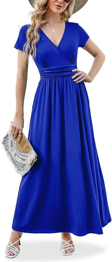 ANRILITA Maxi Dress for Women Wrap V Neck Short Sleeve Empire Pleated Waist Summer Casual Elegant... | Amazon (US)