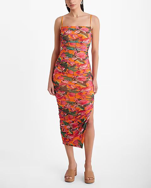 Floral Ruched Side Slit Midi Dress | Express