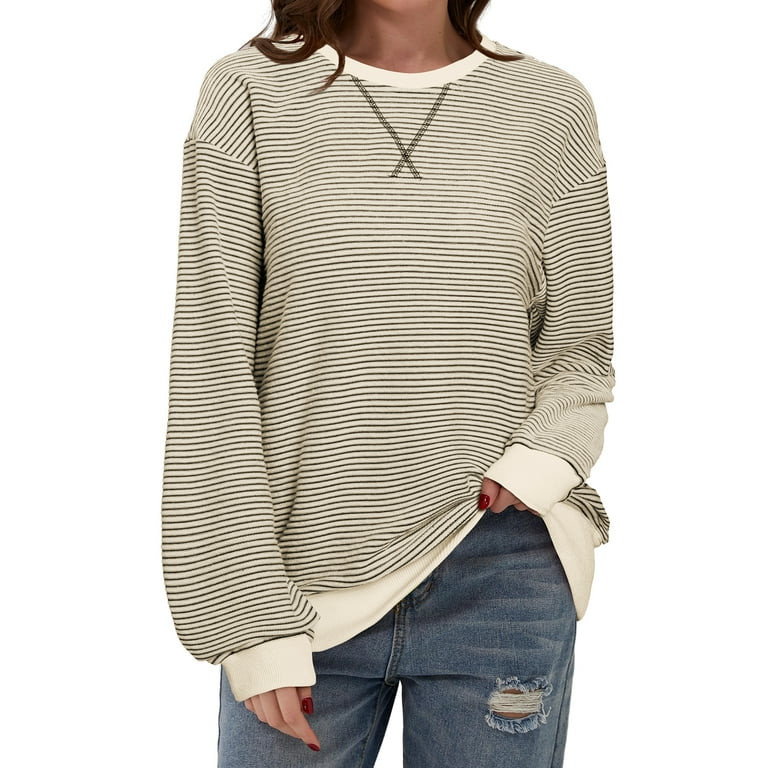 DOKOTOO Womens Oversized Sweatshirts Crew Neck Striped Pullover Tops Long Sleeve Pullover Sweatsh... | Walmart (US)