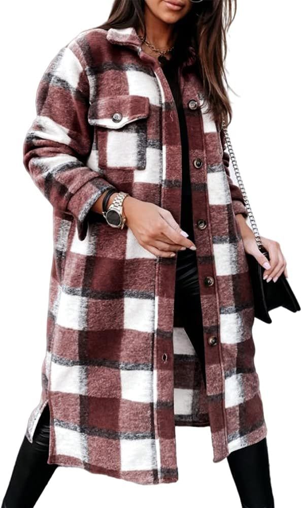 Grlasen Women's Brushed Plaid Shirts Flannel Lapel Long Sleeve Button Down Long Pocketed Shacket Ove | Amazon (US)