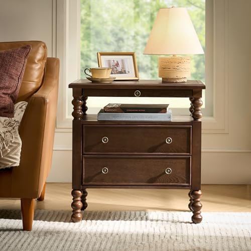 HULALA HOME 26" End Table with Charging Station, Transitional 2 Drawer Wood Endtable with Pull-Ou... | Amazon (US)