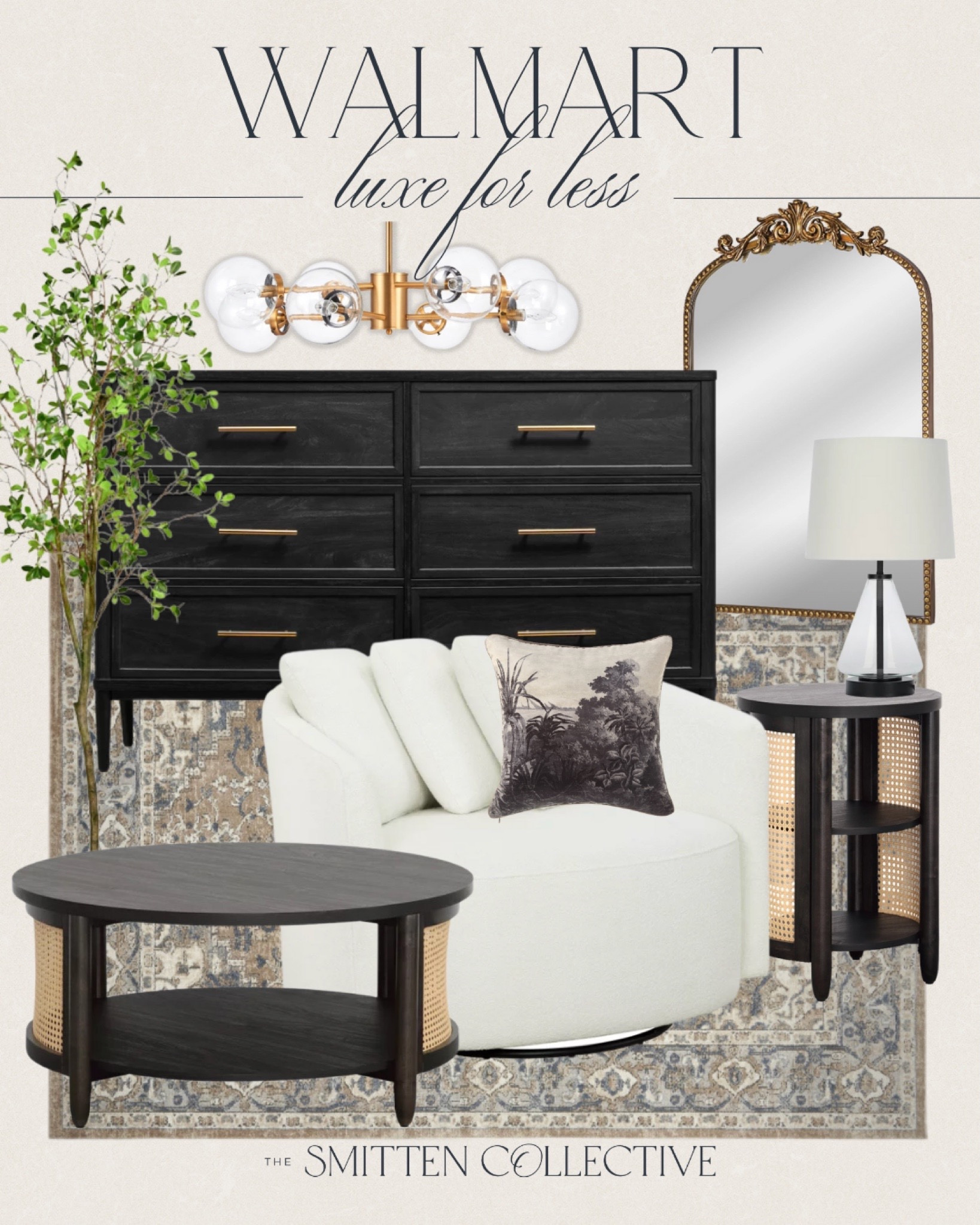 Walmart luxe for less includes white accent chair, throw pillow, coffee table, side table, table lamp, vintage gold mirror, black dresser, gold chandelier, faux tree, and area rug.

Home decor, styled home decor, moody decor fall home decor

#LTKfindsunder100 #LTKstyletip #LTKhome