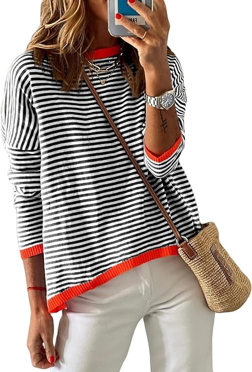 Dokotoo Womens Crewneck Long Sleeve Sweaters Casual Striped Color Block Drop Shoulder Cotton Pull... | Amazon (US)