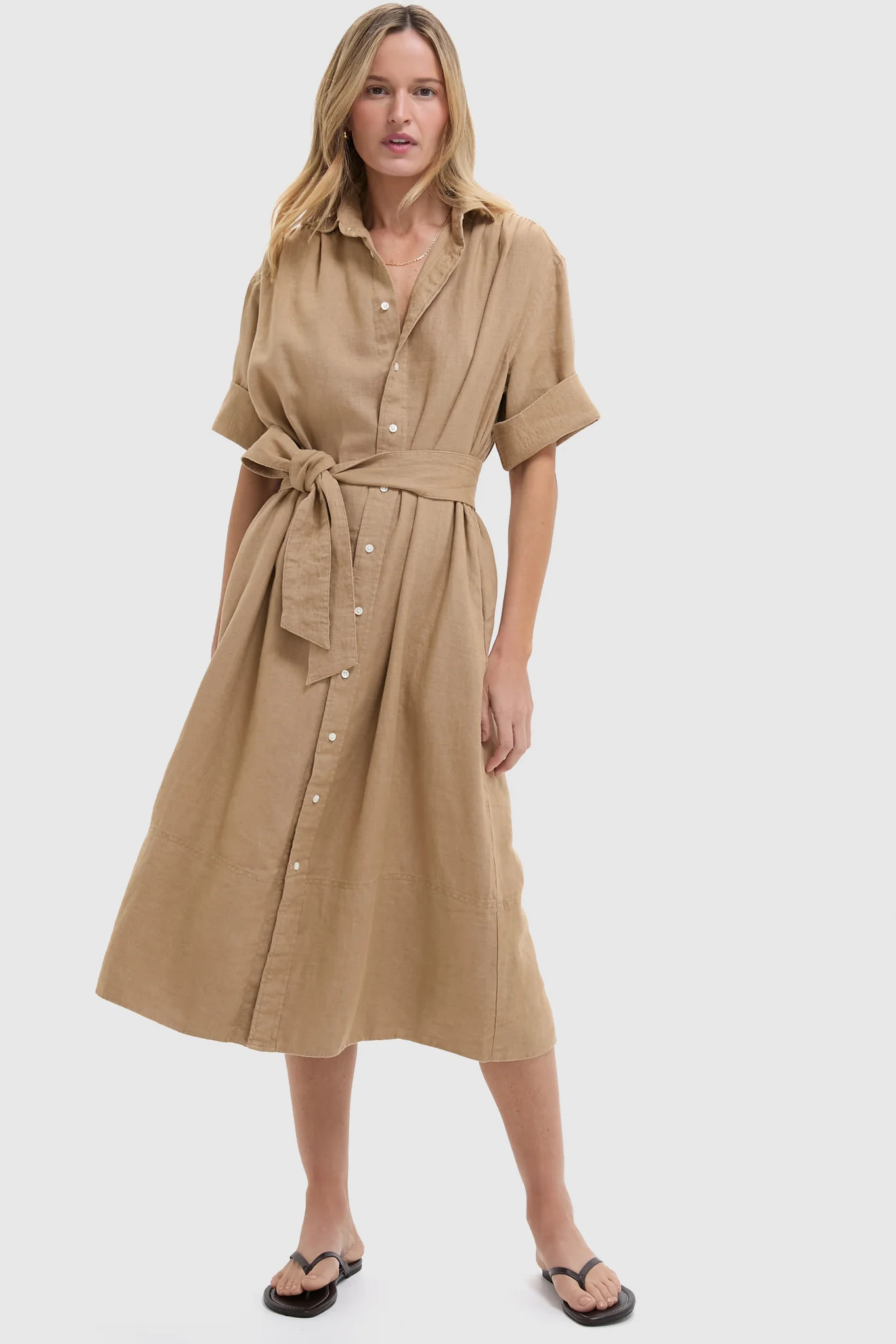 Camel Linen Short Sleeve Day Dress | Tuckernuck (US)