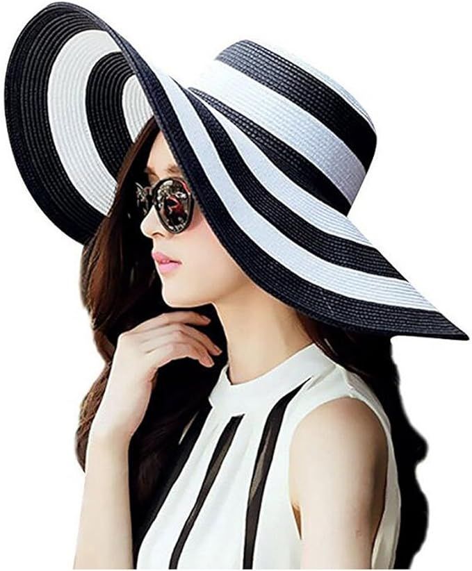 1Pcs Women Wide Brim Straw Hat Foldable Beach Floppy Sun Hat Black White Stripe | Amazon (US)