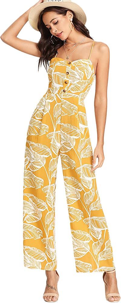 Floerns Women's Palm Leaf Print Shirred Back Button Cami Palazzo Jumpsuit | Amazon (US)