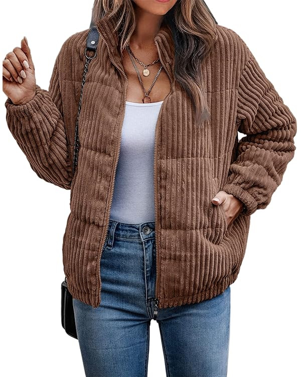 Angashion Women's Bomber Jacket Corduroy Ribbed Quilted Zip Up Long Sleeve Winter Coat Fall Outer... | Amazon (US)