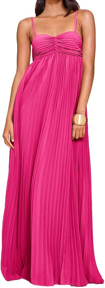 Women's Plisse Dress Adjustable Spaghetti Strap Maxi Solid Party Wedding Guest Dresses | Amazon (US)