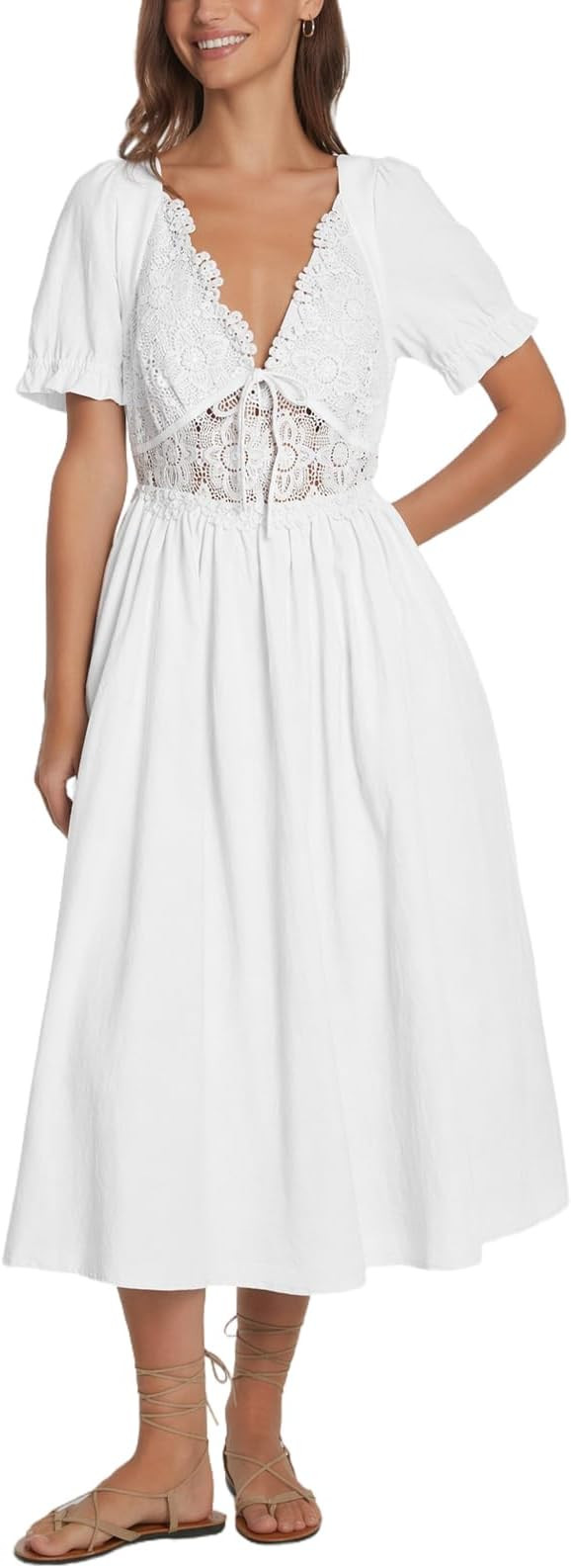Women's Lace Cocktail Dress Short Sleeve Open Back Semi Elegant Formal A Line Wedding Guest Party... | Amazon (US)