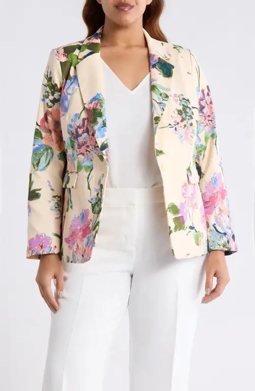 Tahari ASL Floral One-Button Blazer in Sand Peach at Nordstrom, Size 16W | Nordstrom