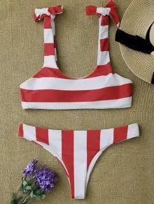 Striped Tie Shoulder Scoop Bikini Set | ZAFUL (Global)