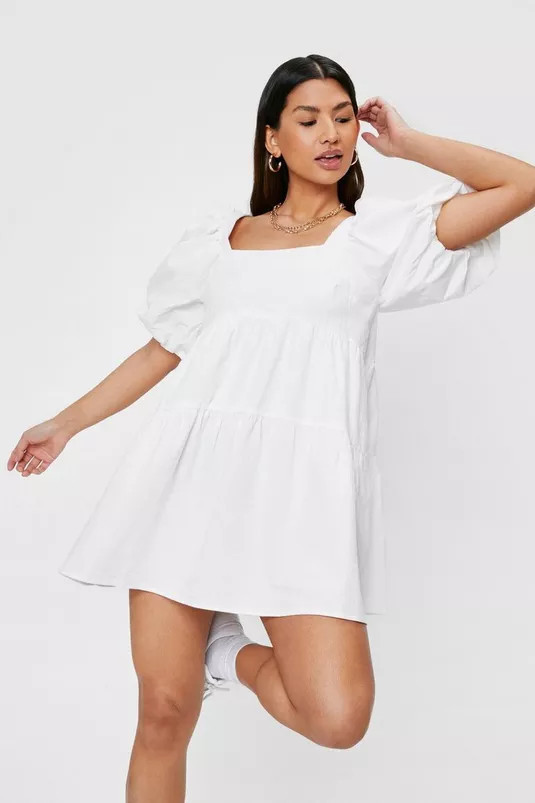 Linen Look Puff Sleeve Smock Mini Dress | Nasty Gal (US)