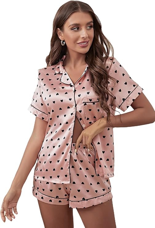 WDIRARA Women's Satin Sleepwear Short Sleeve Button Shirt and Shorts Pajama Set Silky PJ | Amazon (US)