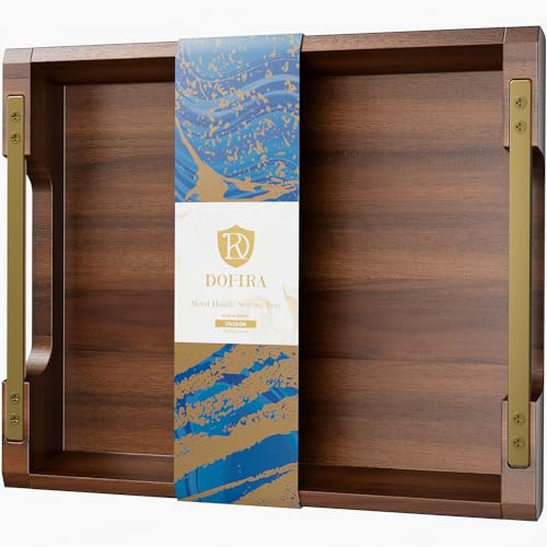 Dofira Acacia Wood Serving Tray with Metal Handles, 17x13in Large Ottoman Tray, Food Drinks Tray for Coffee Table, Breakfast, Dinner & Bar, Rustic Decorative Tray for Kitchen, Bedroom Gift Box | Amazon (US)
