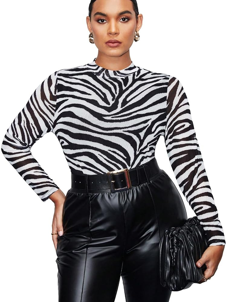 Floerns Women's Plus Size Floral Print Mock Neck Sheer Mesh Tee Shirts Top | Amazon (US)