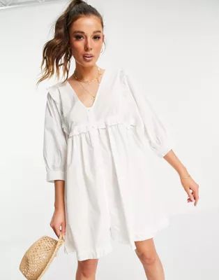 ASOS DESIGN frill v neck cotton button through mini smock dress in white | ASOS (Global)