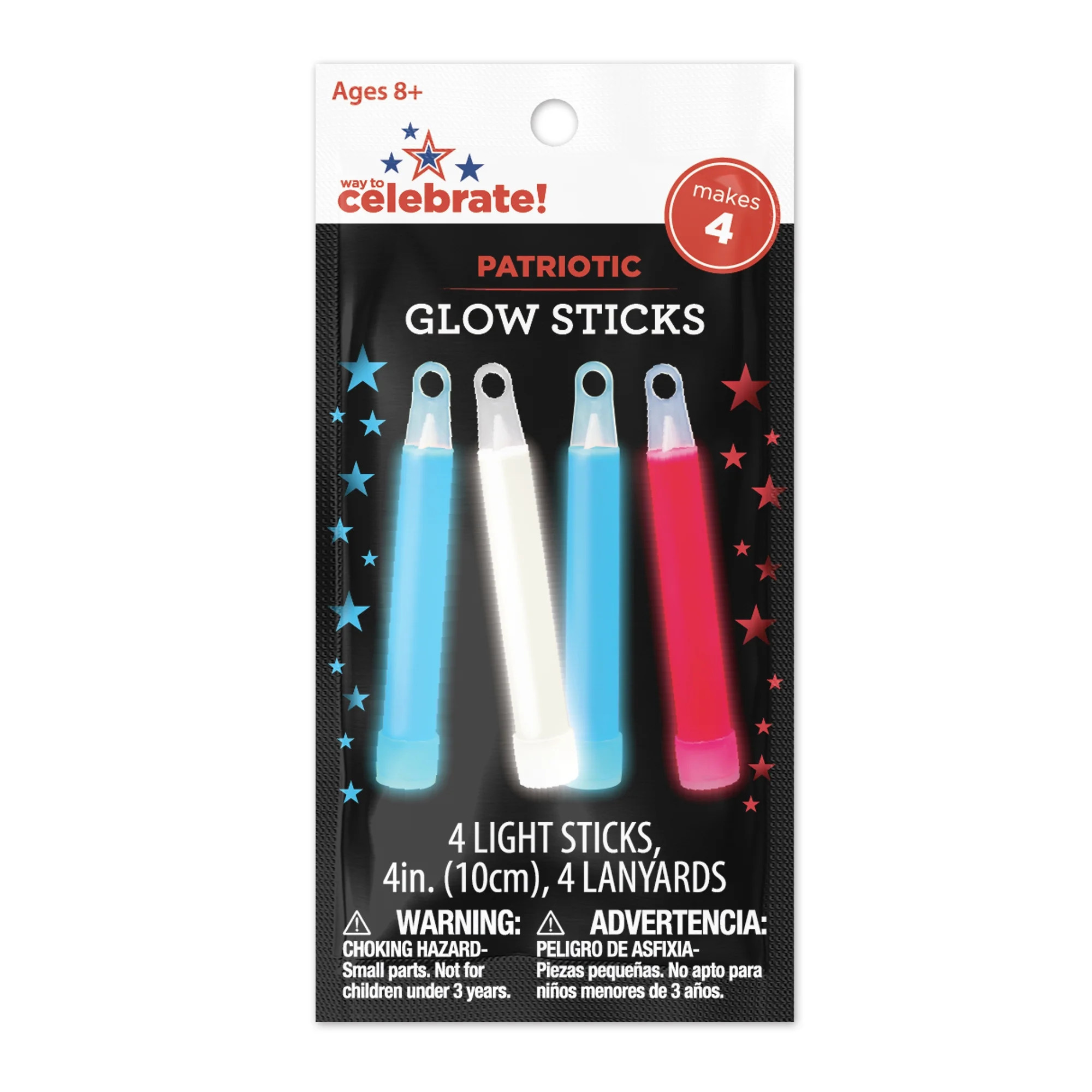 Patriotic Red, White, and Blue Glow Sticks, 4 in, 4 Count, by Way To Celebrate | Walmart (US)