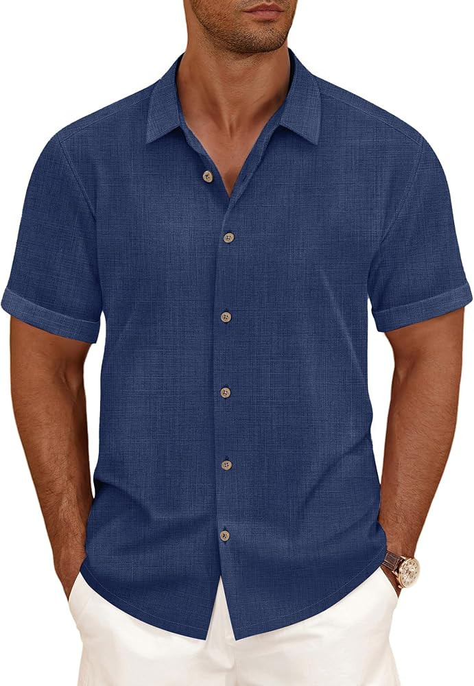 Linen Blend Shirts for Men Casual Short Sleeve Button Down Shirt Cool Summer Beach Wedding Vacati... | Amazon (US)
