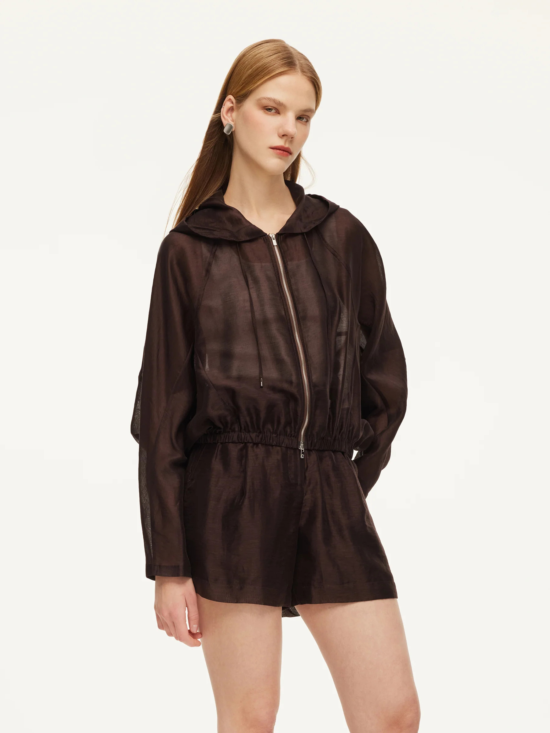 Tencel Linen Blend Women Sheer Hooded Jacket | GOELIA