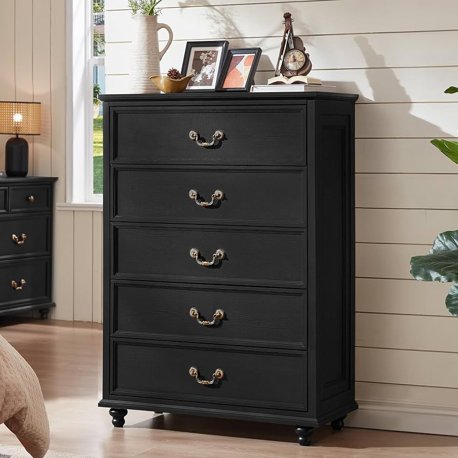 Amazon.com: Joaxswe Farmhouse 5 Drawer Dresser for Bedroom, 45" Tall Rustic Chests of Drawers w/ 4 Solid Wood Feet, Mid Century Modern Wooden Closet Storage Dressers Organizer for Living Room, Hallway, Black : Home & Kitchen | Amazon (US)