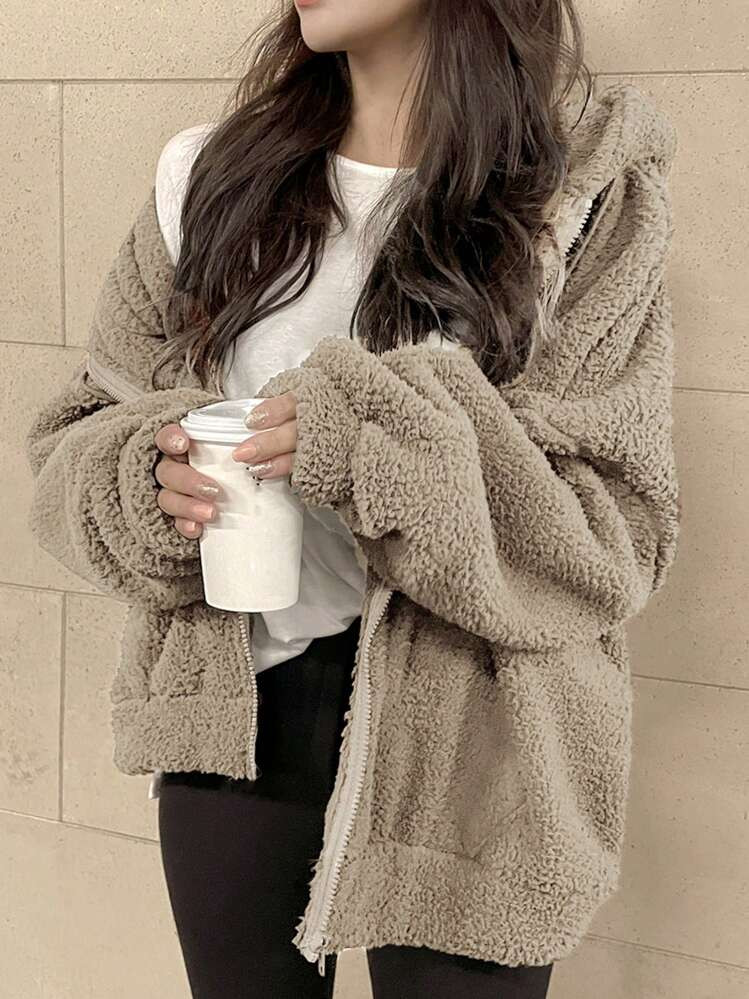 DAZY Solid Drop Shoulder Teddy Hoodie | SHEIN