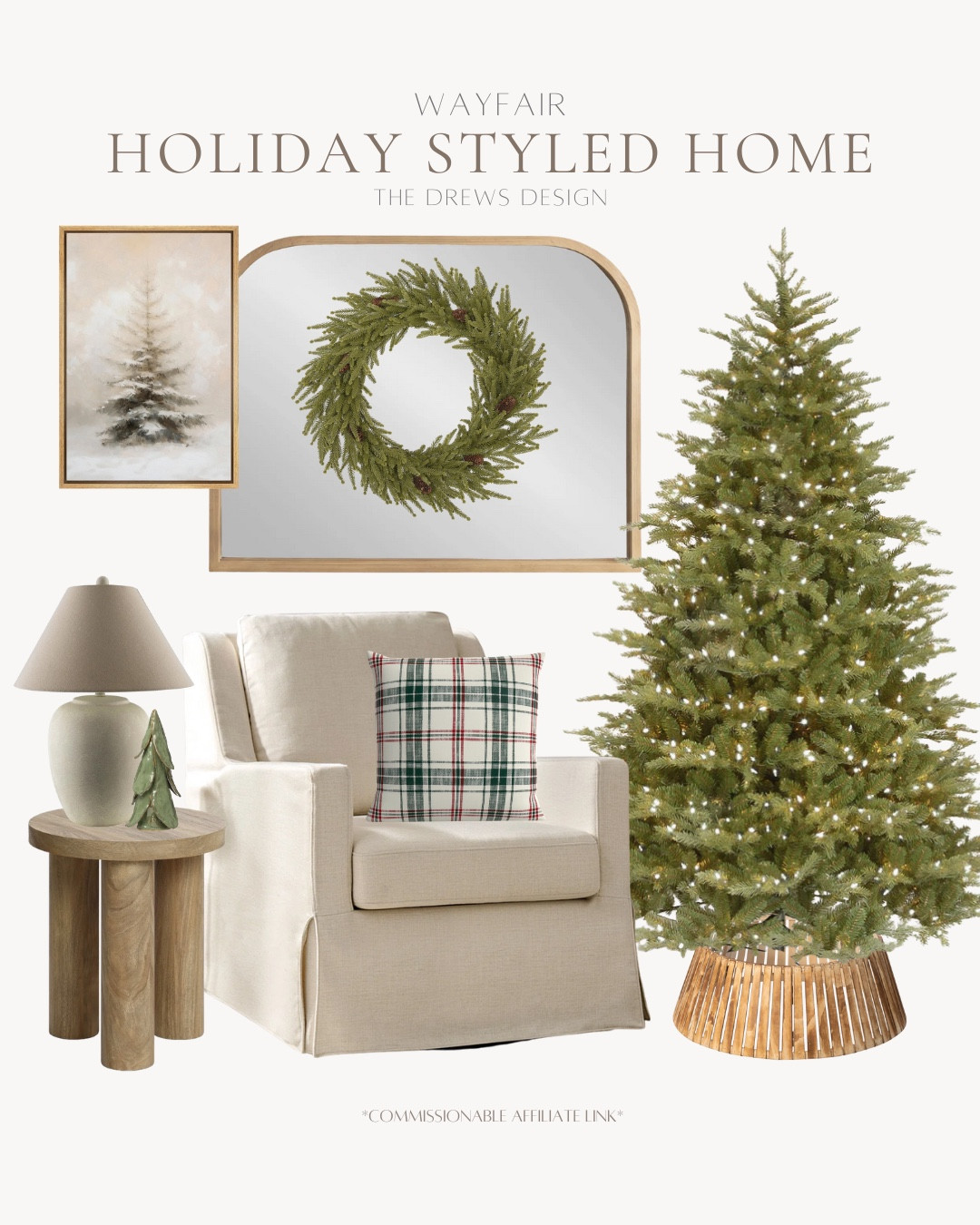 Styled holiday home includes mirror, wreath, Christmas artwork, Christmas tree, tree collar, accent chair, plaid pillow, side table, table lamp, and ceramic Christmas tree.

Holiday home, holiday living room, neutral holiday decor, Christmas decor 

#LTKSeasonal #LTKHoliday #LTKHome