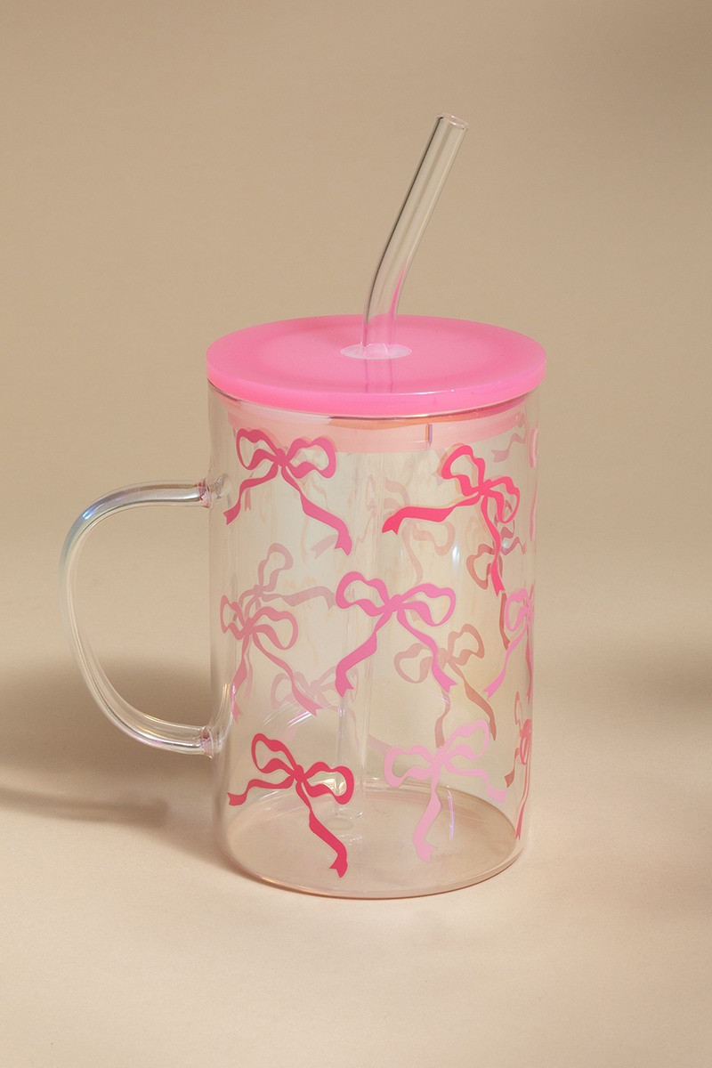 Pink Bow Pattern 15oz Glass With Handle | Francesca's