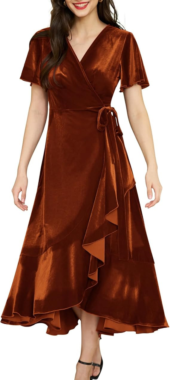 Women's Velvet Maxi Dress Boho V Neck Wrap Dress for Wedding Guest Fall Maternity Formal Dress wi... | Amazon (US)