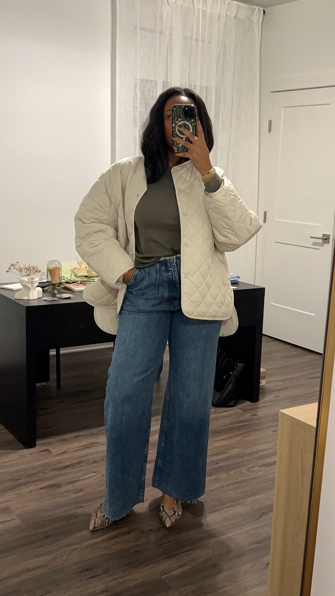 clean classy corporate outfit: long sleeve tee + jeans + light jacket + printed shoes + gold jewelry 

#LTKSeasonal #LTKStyleTip #LTKWorkwear