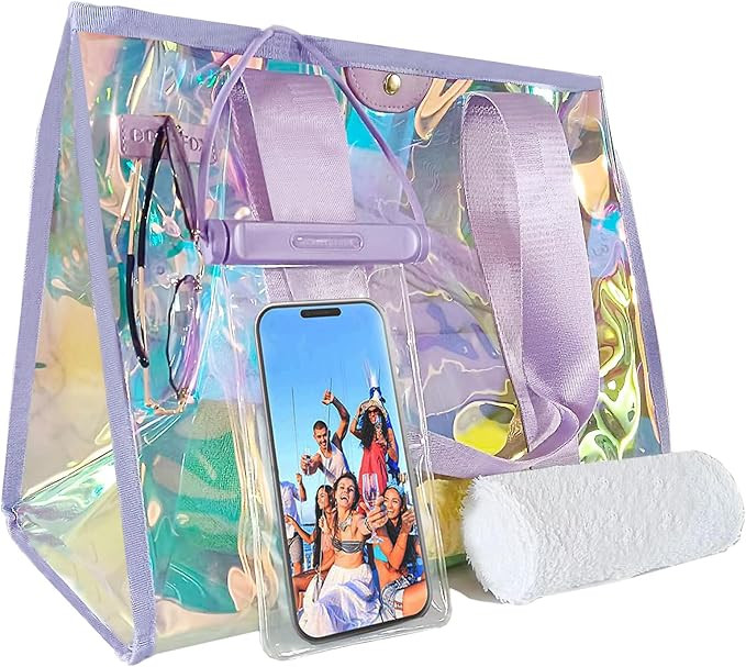 26L Extra Large Iridescent Beach Bag Set - Purple Tote Bag with Snap & Waterproof Touchscreen Pho... | Amazon (US)