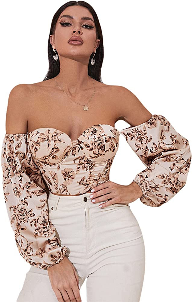 MakeMeChic Women's Floral Off Shoulder Long Sleeve Lace Up Bustier Crop Top Blouse | Amazon (US)