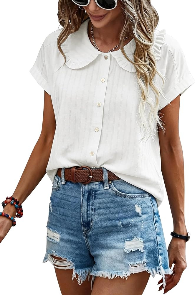 ECOWISH Women's Button Up Shirt - Peter Pan Collar Frilled Short Sleeve Summer Tops Casual Cotton... | Amazon (US)