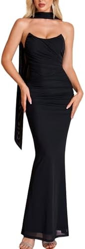 EYNMIN Corset Maxi Wedding Guest Dresses for Women with Scarf Strapless Tube Elegant Bodycon Ruch... | Amazon (US)
