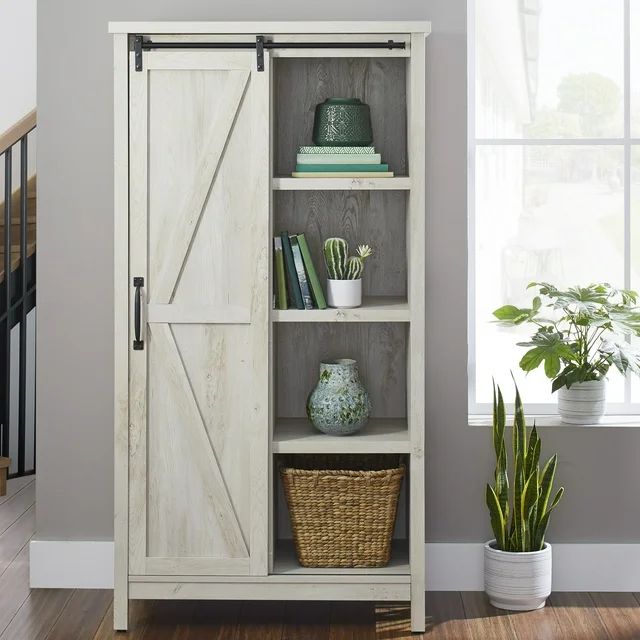 Better Homes & Gardens 66" Modern Farmhouse Bookcase Storage Cabinet, Rustic White Finish | Walmart (US)