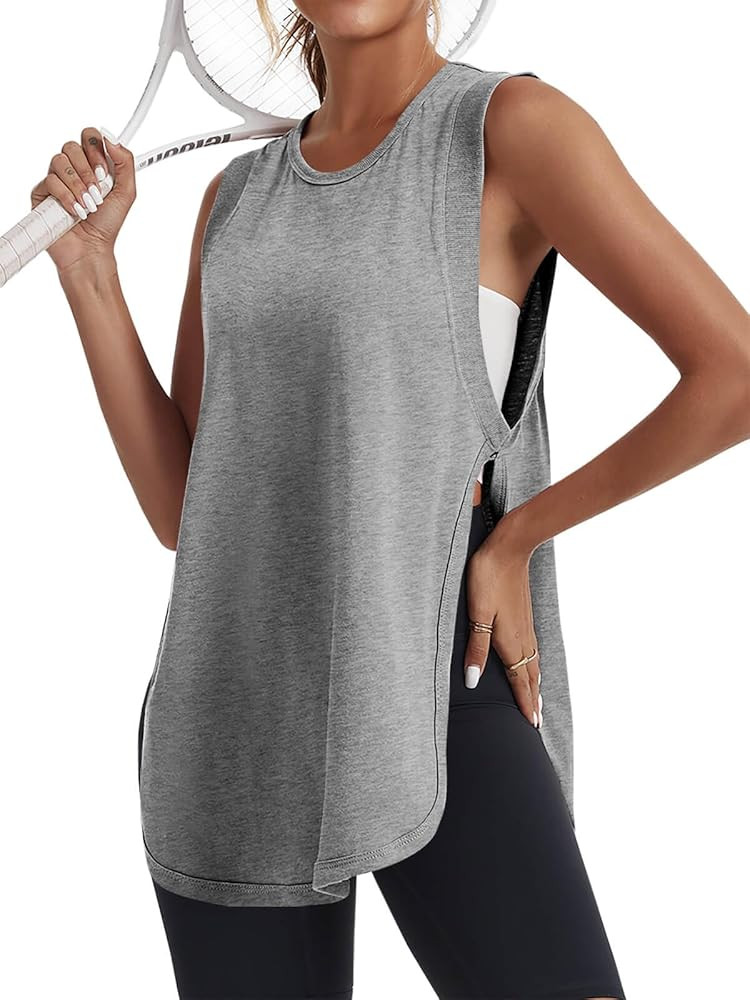 Tankaneo Women Oversized Sleeveless Side Slit Workout Summer Long Tank Tops | Amazon (US)