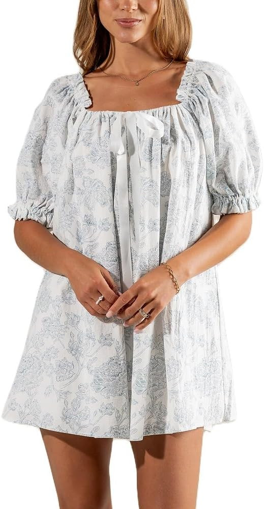 Women Puff Sleeve Babydoll Dress Square Neck Flowy Mini Dress Bow Tie Ruffle A Line Short Dress S... | Amazon (US)