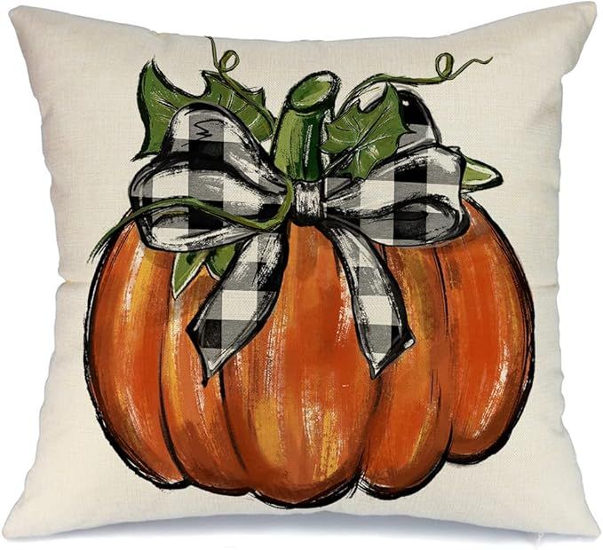 Fall Pillow Cover 18x18 Pumpkin with Buffalo Plaid Bows Fall Throw Pillow Cover for Fall Decor Au... | Amazon (US)