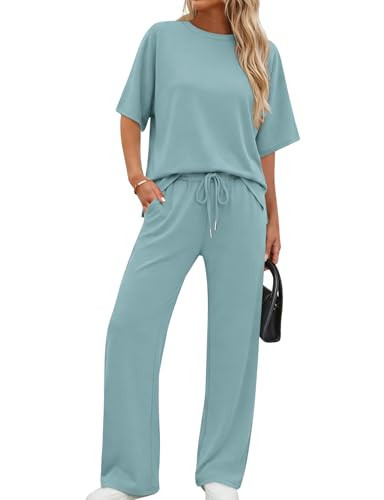 XIEERDUO Travel Outfits for Women Two Piece Lounge Sets Summer Fashion Tracksuits Spring Teacher Track Suits Airport Loungewear Wide Leg Cruise Resort Wear Woman Vacation Clothes Turquoise L | Amazon (US)