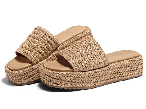 Coutgo Womens Platform Sandals Raffia Espadrilles Slip on Open Toe Cute Boho Summer Beach Slide Sandals, Coffee Raffia, Size 8 | Amazon (US)