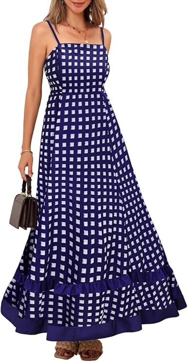 Checkered-Print Floor-Length Dress, A-Line Ruffle Backless, Summer Beach Vacation, Gingham Plaid ... | Amazon (US)