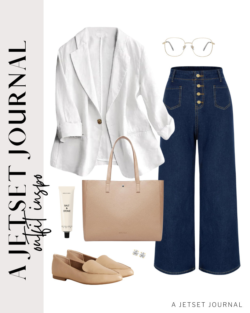 This ¾-sleeve linen blazer is the perfect piece to layer over a simple top or blouse. Pair it with high-waisted wide-leg jeans and cozy loafer flats. I also love how this work tote bag matches the outfit. 

 #LTKSeasonal #LTKSaleAlert #LTKTravel