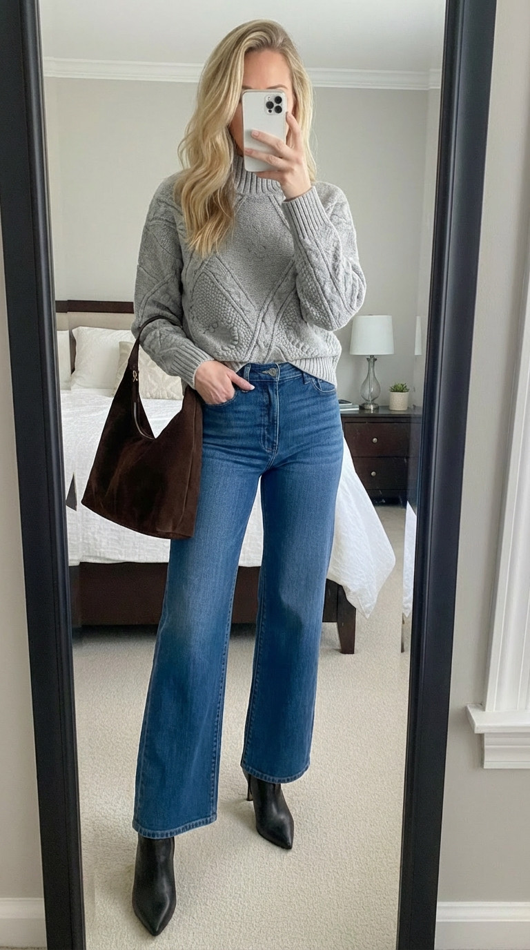 Obsessed with this cable knit sweater outfit! 🤎

This gorgeous gray cable knit mock neck sweater from Amazon is giving all the cozy winter vibes. The chunky knit texture and relaxed fit make it so flattering and comfortable. Paired it with my favorite wide leg jeans and black pointed toe ankle boots for the perfect casual chic look.

That suede tote bag ties the whole outfit together - love a good brown and gray neutral combo! This is my go-to formula for easy everyday style that still looks put together.

The sweater runs TTS and comes in multiple colors. These wide leg jeans are so flattering and the perfect length with boots or heels!

Shop this entire outfit by following me in the LTK app 🛍️

#LTKfinds #LTKstyletip #LTKunder100 #amazonfinds #amazonfashion #amazonfinds2025 #cableknitsweater #mocknecksweater #wideleg #widelegjeans #casualoutfit #winteroutfits #neutralstyle #sweaterweather #denimstyle #blackboots #pointedtoeboots #suedebag #totebag #ootd #outfitinspo #casualchic #everydaystyle #comfyoutfit #winterfashion2025 #affordablestyle #outfitideas #momstyle

 

 

#LTKdayinmylife #LTKmorningroutine #LTKstorytime