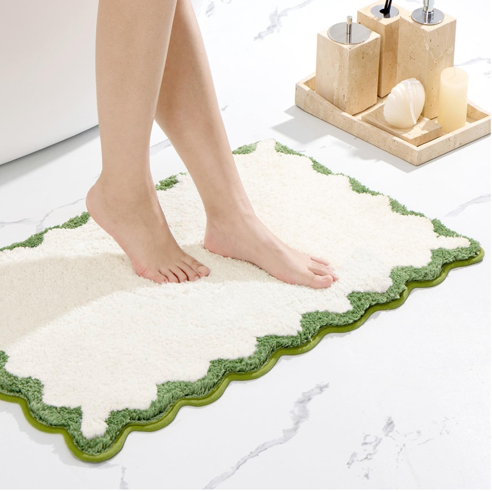 ORTIGIA Scalloped Green Bath Mat Non Slip Washable for Bathroom, Quick Dry Absorbent Plush Microf... | Amazon (US)