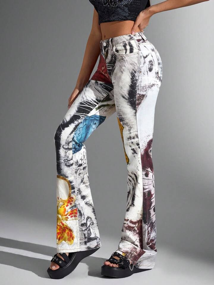 Jeanoix Y2K Vintage Street Fashion Print Women's Casual Denim Jeans Printed Jeans Graphic Jeans B... | SHEIN